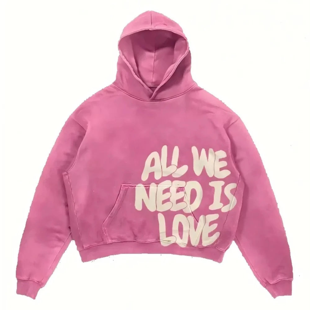 Women Pink Hoodies All We Need Is Money Letter Print Y2K Loose Hip Hop Street Hooded Sweatshirt Unisex