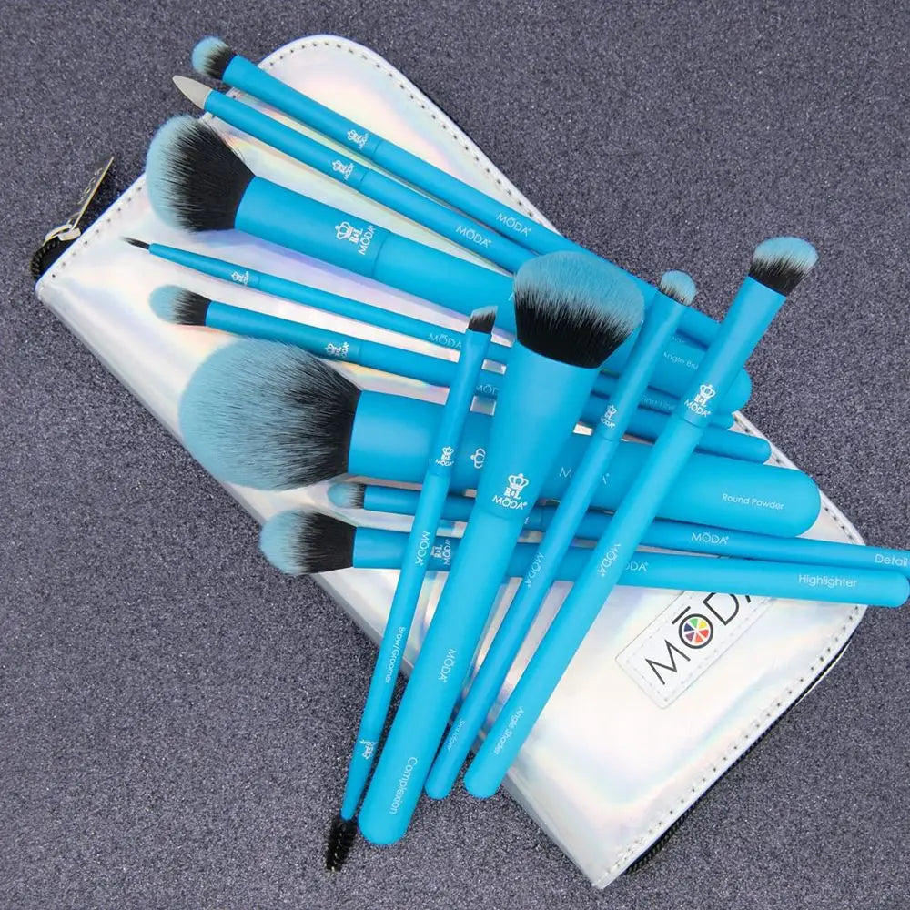 Electric Neon Blue Makeup Brush Kit – 13pc Vibrant Brush Set for Face & Eyes with Zip Case