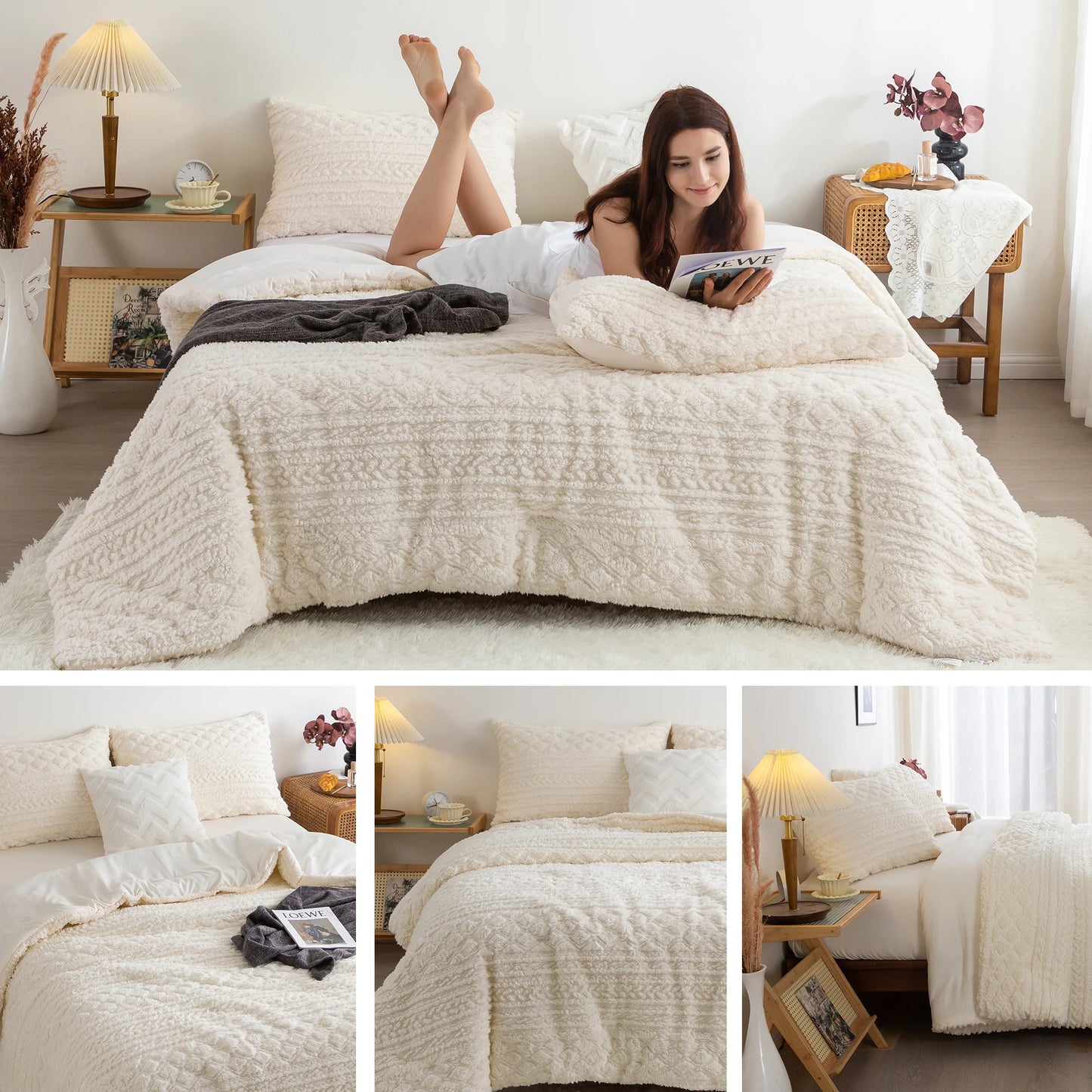 COTTEBED Plush Fleece Sherpa Comforter Set All Season Ultra Soft Boho Tufted Bedding