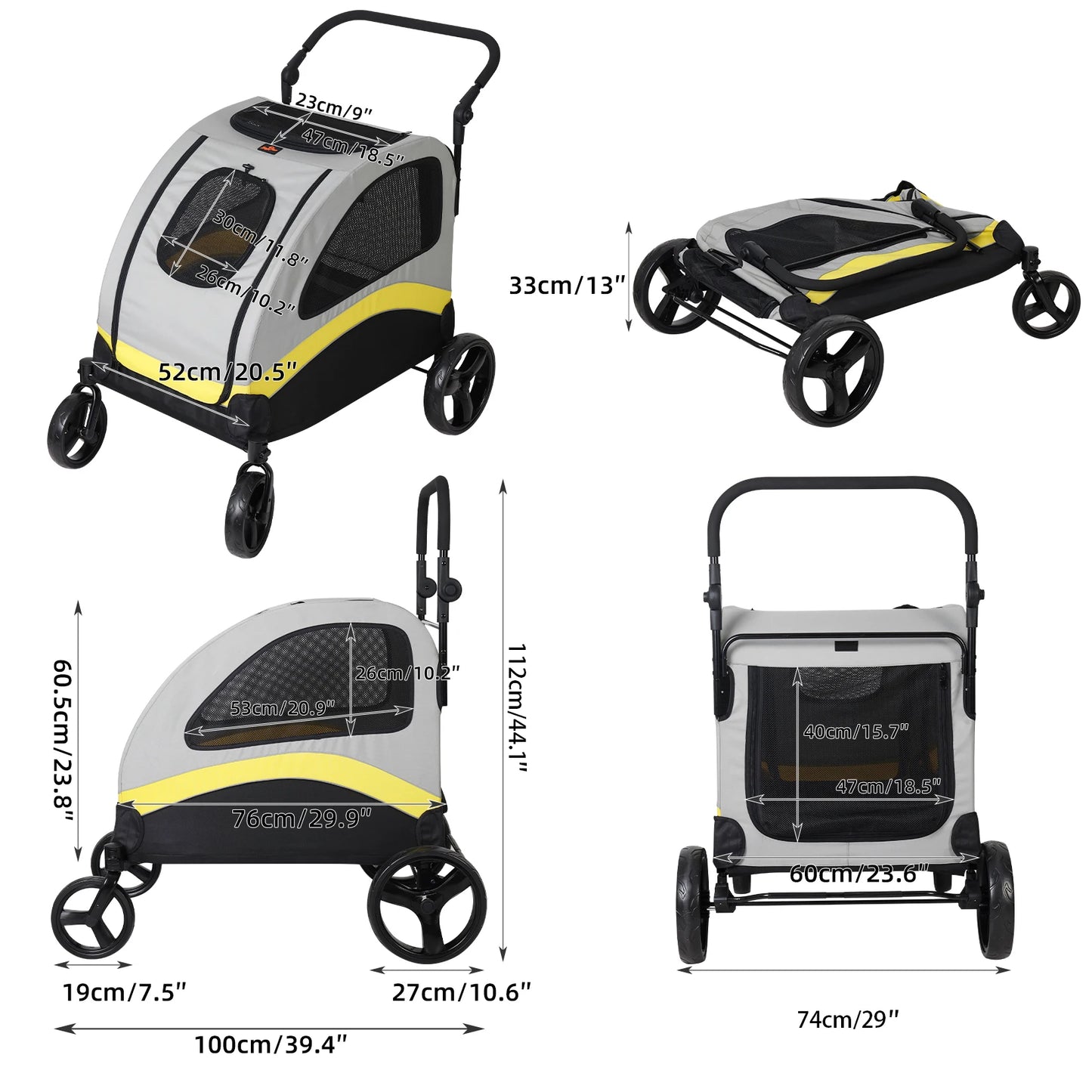 Dog Stroller Pram 4 Wheel Foldable Travel Jogger Wagon