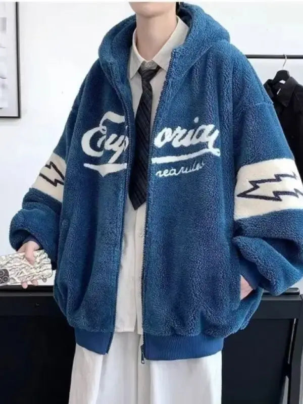 Autumn Winter Men's Jacket Trendy Youth Fleece Lined Cotton Coat Oversize Lamb Fur Hooded Jacket Loose Fit