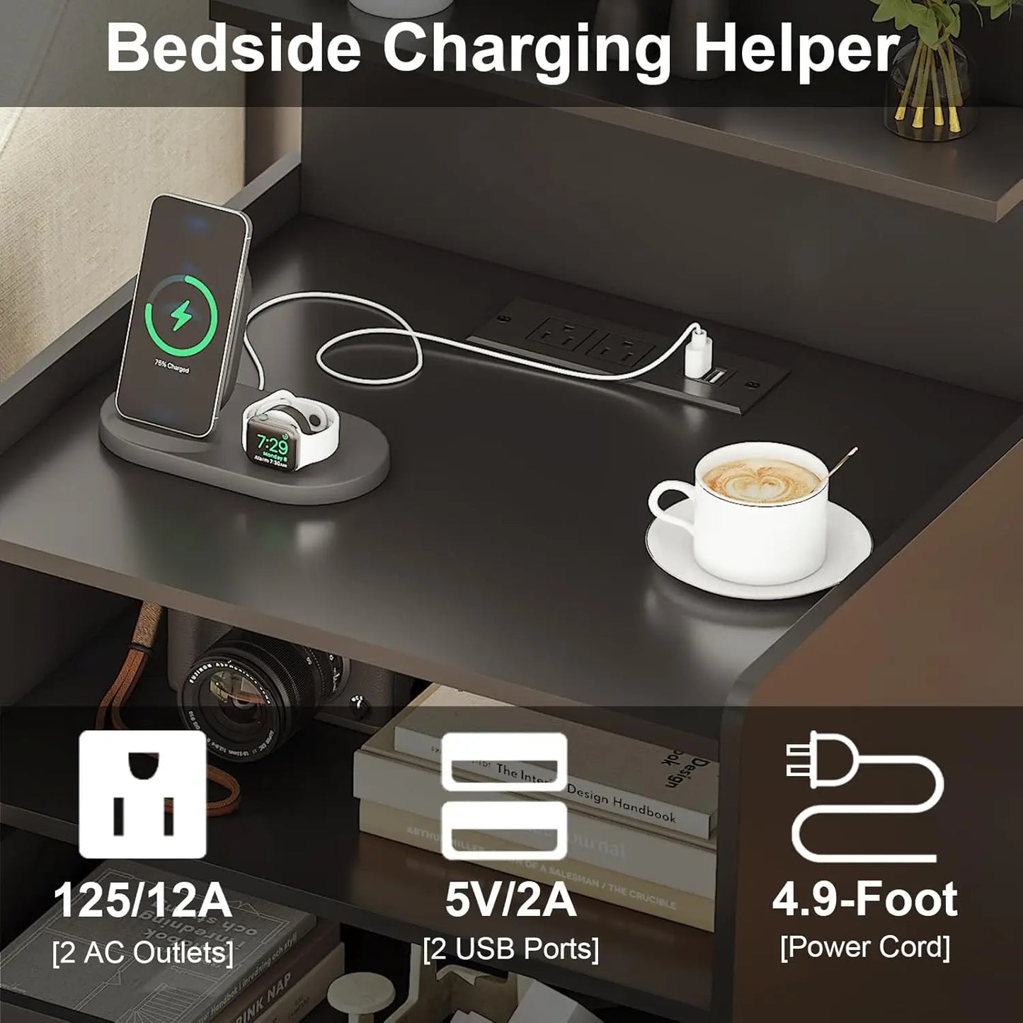 Modern LED Nightstand with Charging Station, 2 Drawers, USB Ports & RGB Lights - Black