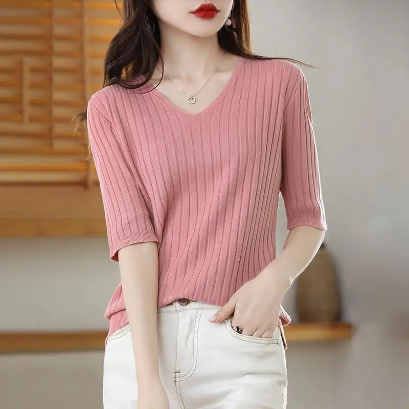 Women's Cashmere Knit V Neck Short Sleeve Pullover Sweater