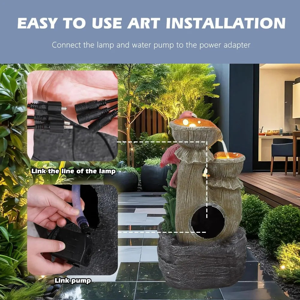 5 Tier Outdoor Indoor Water Feature Fountain, Flamingo Ornamental Cascading Waterfall with 5 LED Lights for Garden, Deck, Backya