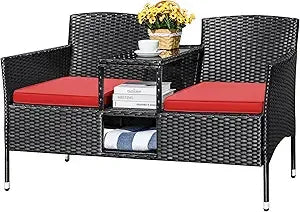 Outdoor Patio Rattan Loveseat Two Seat Conversation Set With Cushions Built In Coffee Table