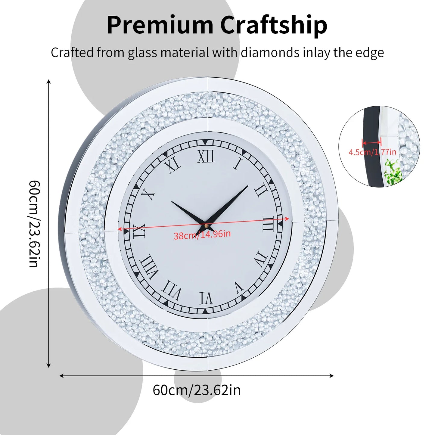 Glam Sparkle Mirrored Wall Clock for Home Decor With Shiny Mirror Finish Accent Detail