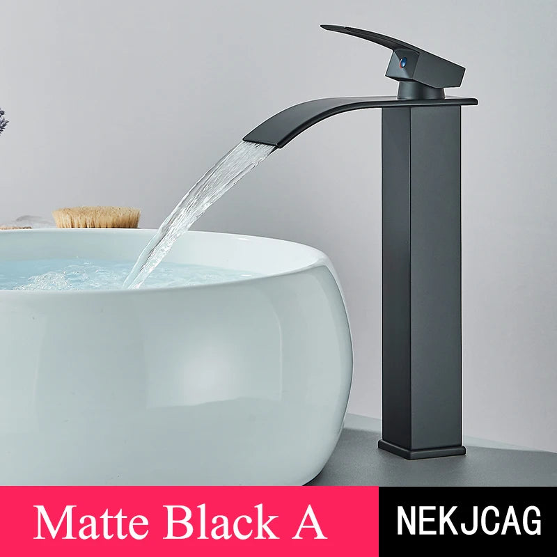 Matte Black Basin Faucet Waterfall Washbasin Vanity Above Counter Sink Faucet Hot & Cold Mixer Tap Deck Mounted Bathroom Crane