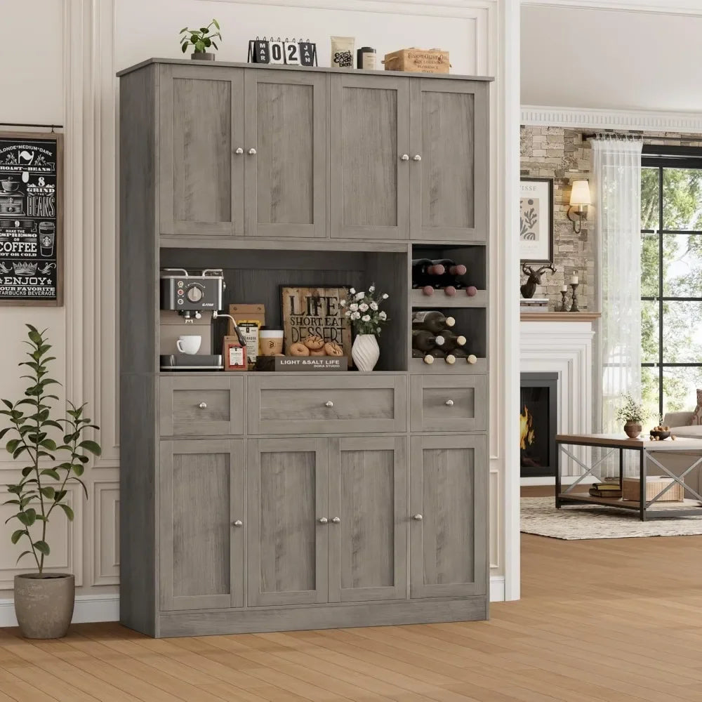 72" Tall Kitchen Pantry Storage Cabinet with Wine Rack, Large Pantry Cabinet with Microwave Stand, Modern Kitchen Hutch for Dini