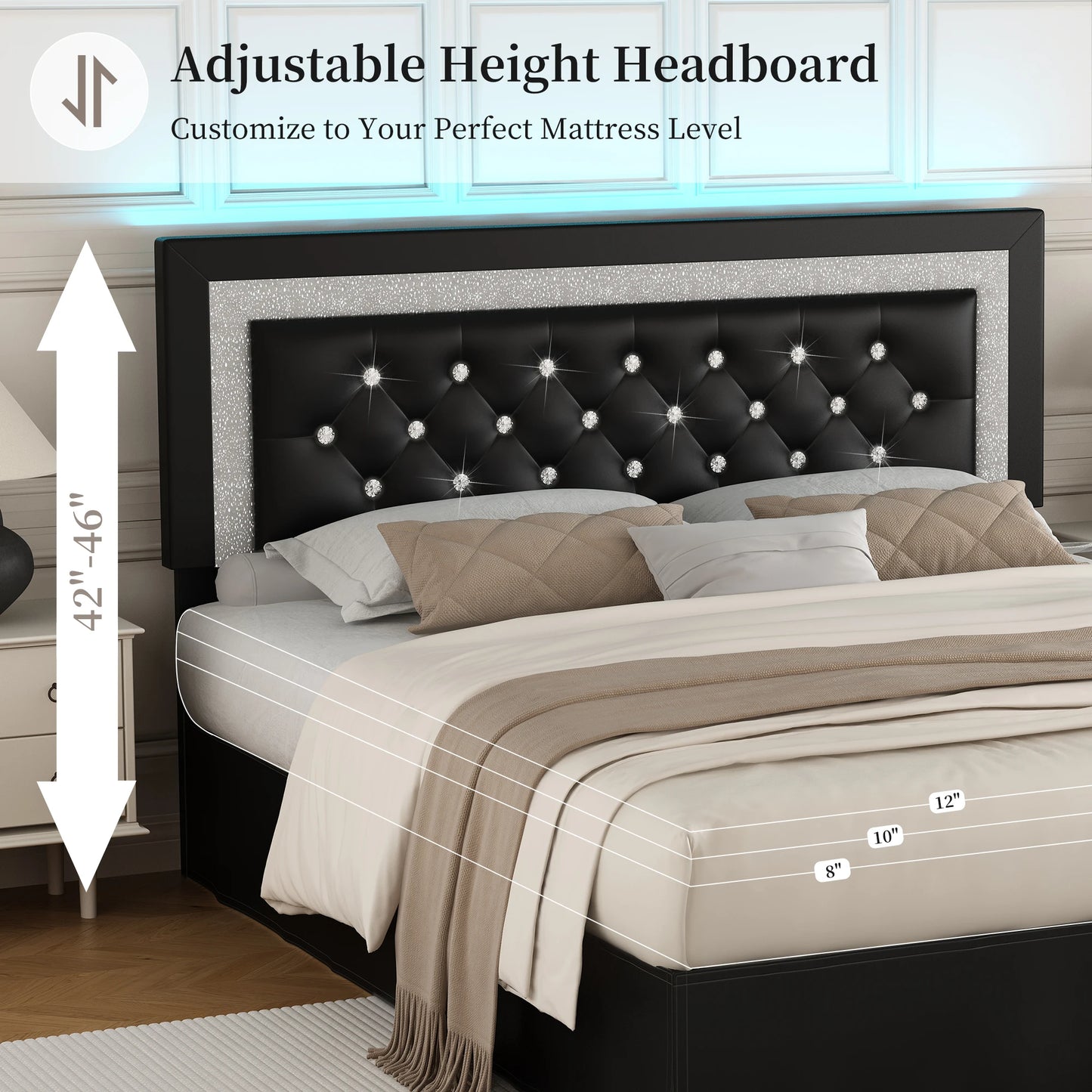 SIBEDS Bed Frame With LED Lights And Adjustable Headboard Tufted Linen Upholstery And Strong Wood Slats