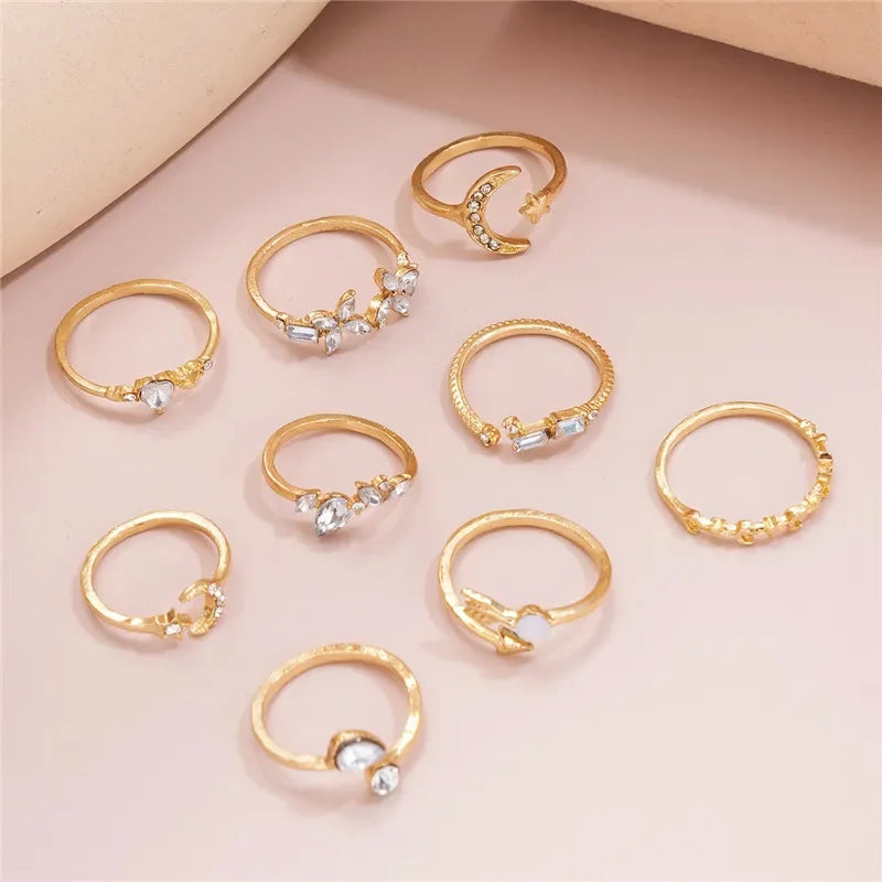 Boho Heart Ring Set CZ Star Moon Arrow Flower Jewelry