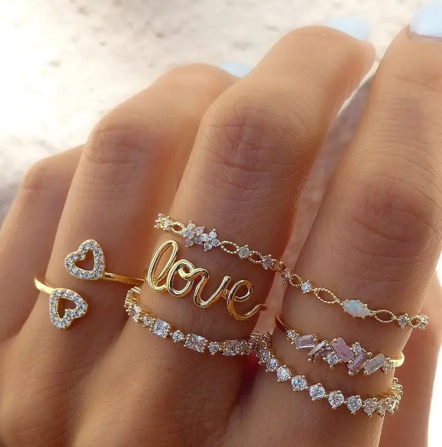 Boho Heart Ring Set CZ Star Moon Arrow Flower Jewelry