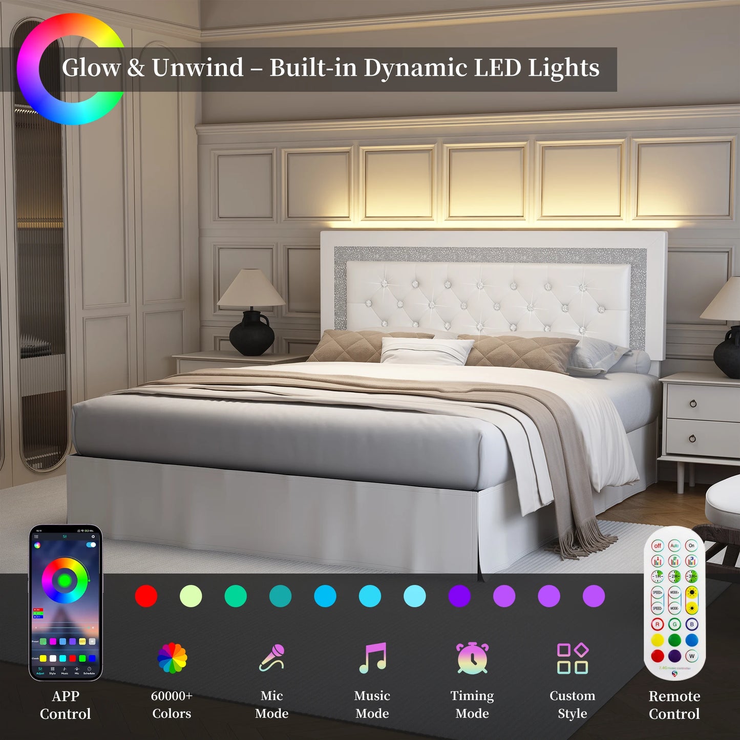 SIBEDS Bed Frame With LED Lights And Adjustable Headboard Tufted Linen Upholstery And Strong Wood Slats