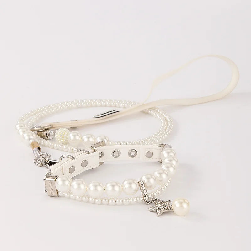 Luxury Pearl Pet Collar and Leash Set – Adjustable Necklace Design with Star Charm for Small Dogs and Cats