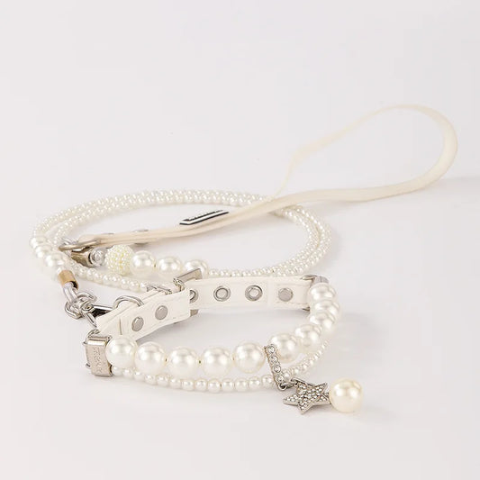 Luxury Pearl Pet Collar and Leash Set – Adjustable Necklace Design with Star Charm for Small Dogs and Cats
