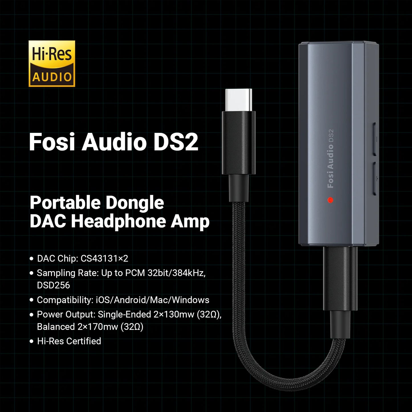 Fosi Audio DS2 Mini USB DAC Dongle Headphone Amplifier DSD Decoder 32Bit 384kHz Balanced 3.5mm 4.4mm