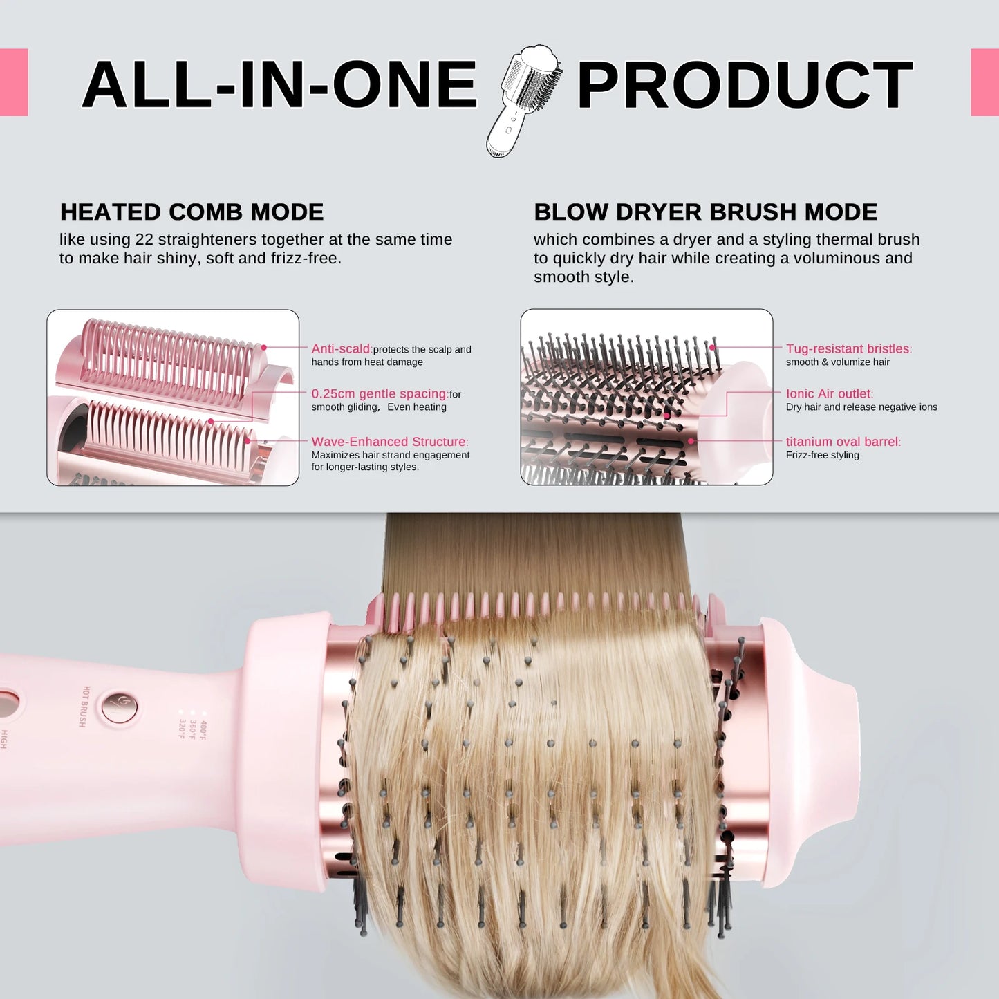 NOVUS Smooth Style Heated Comb and Blow Dryer 2 In 1 Hot Air Brush