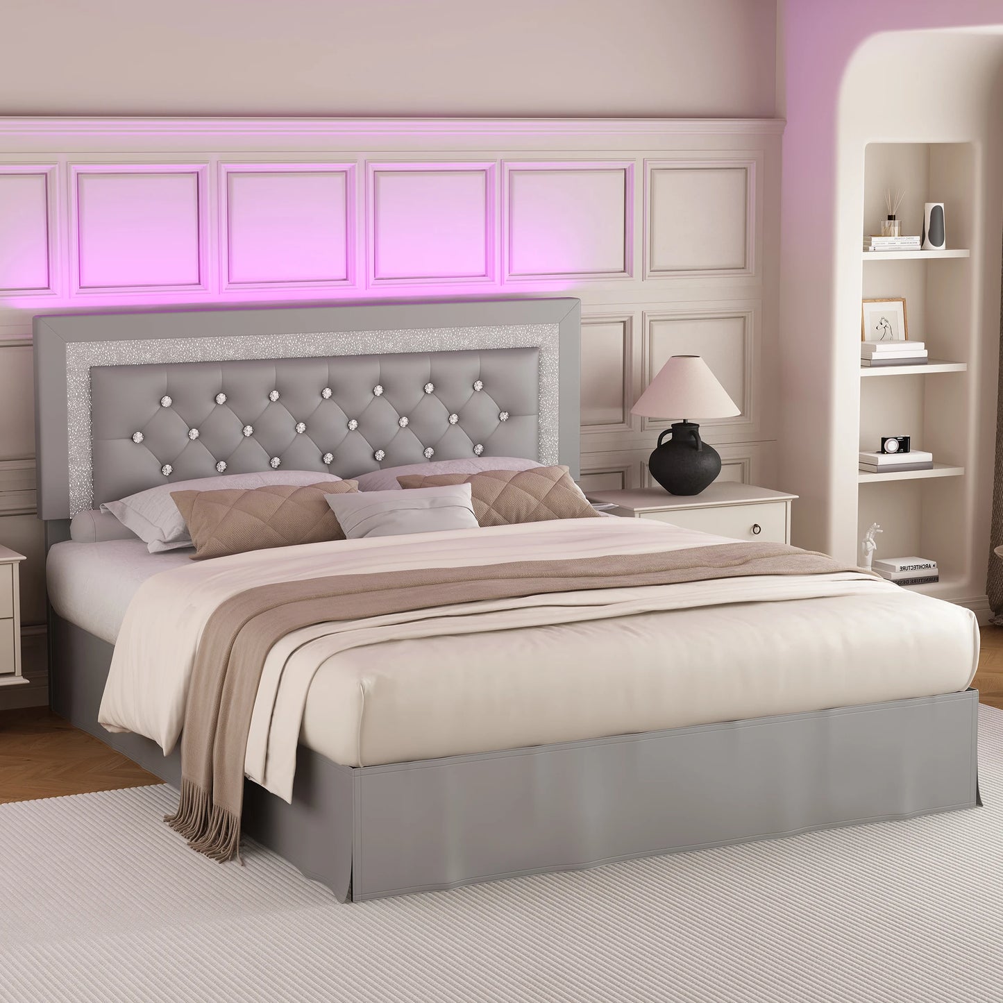 SIBEDS Bed Frame With LED Lights And Adjustable Headboard Tufted Linen Upholstery And Strong Wood Slats