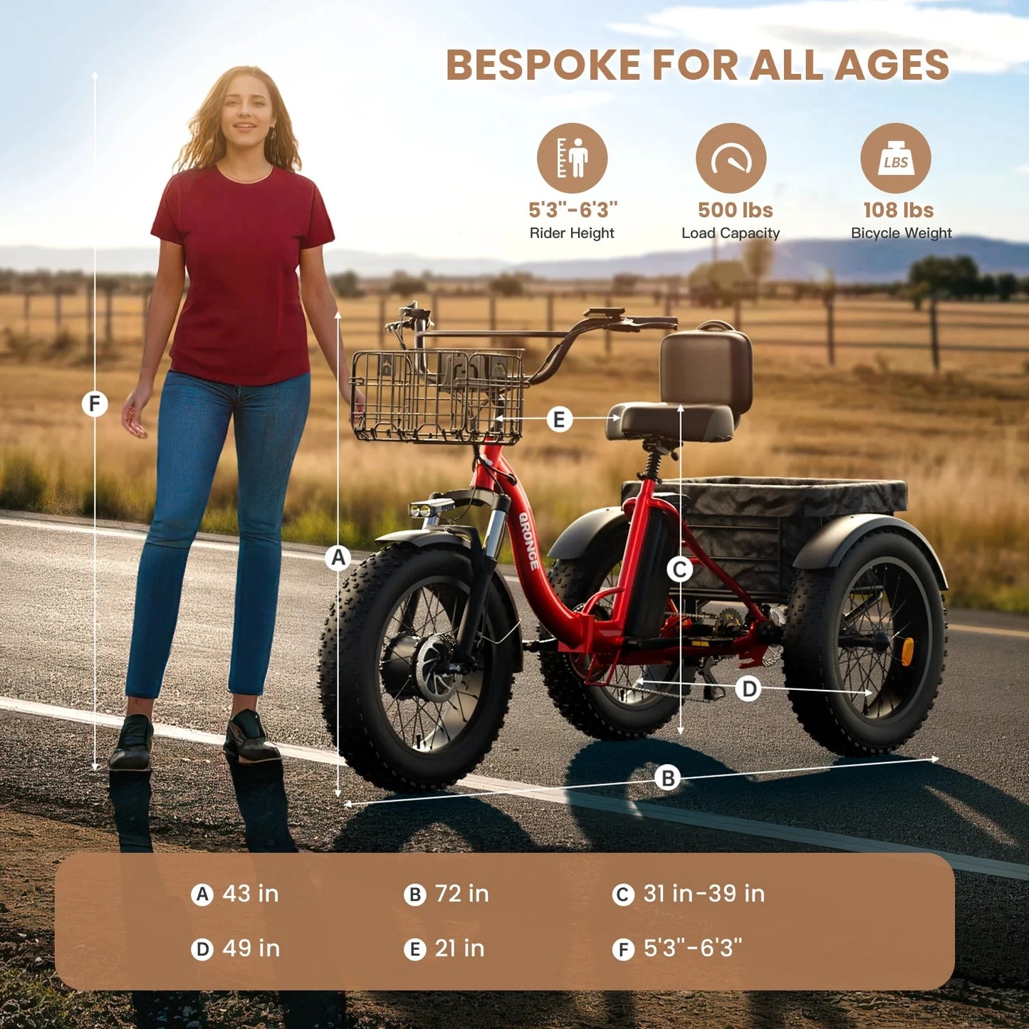 QRONGE 960W Electric Bike For Adults Folding Fat Tire Trike