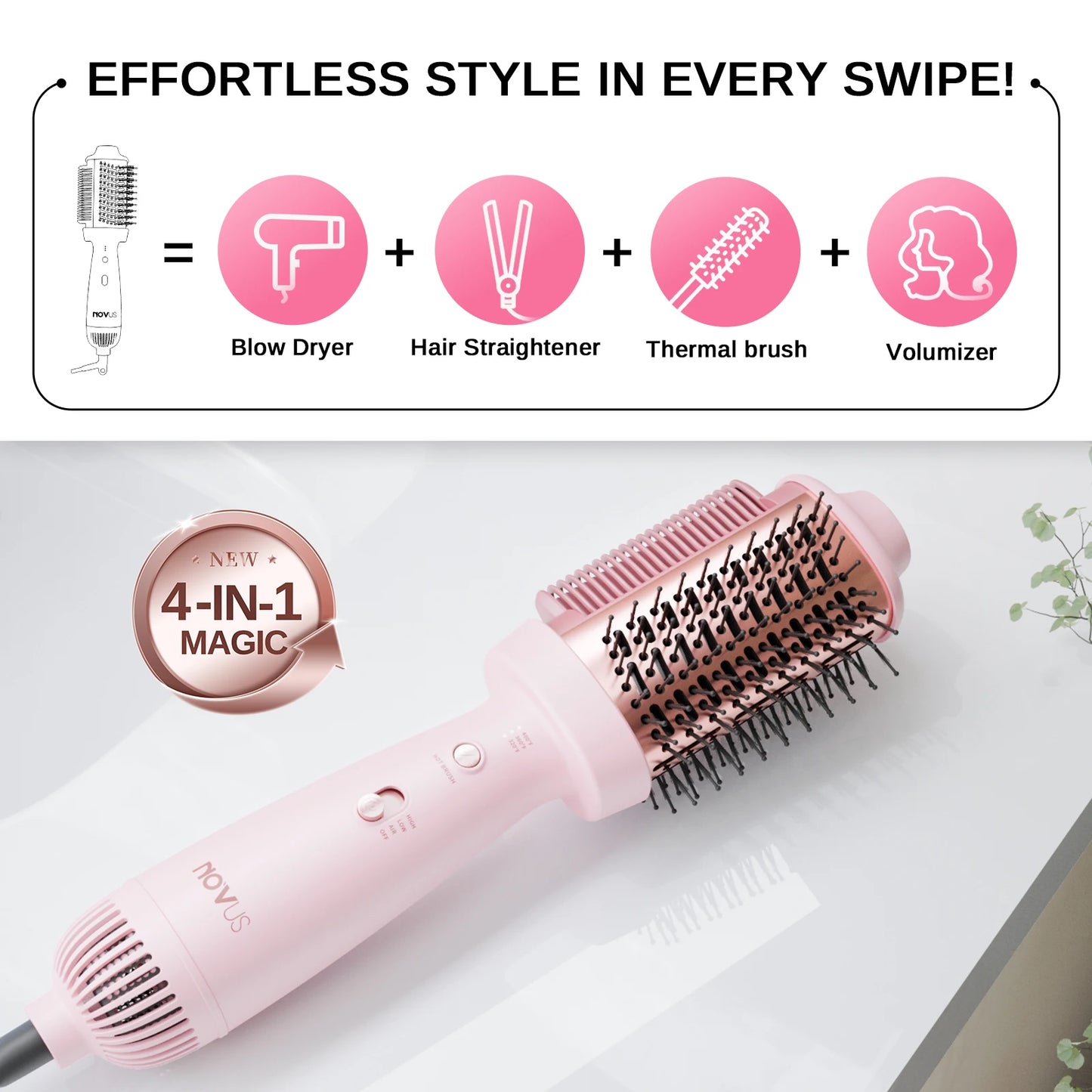 NOVUS Smooth Style Heated Comb and Blow Dryer 2 In 1 Hot Air Brush