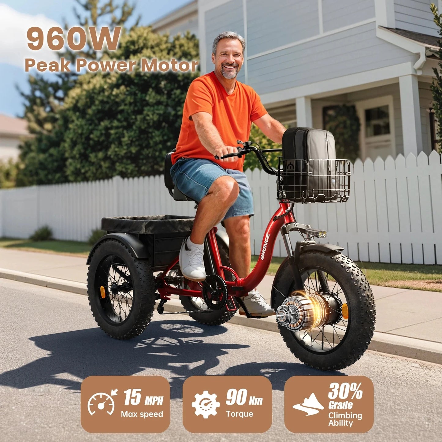 QRONGE 960W Electric Bike For Adults Folding Fat Tire Trike