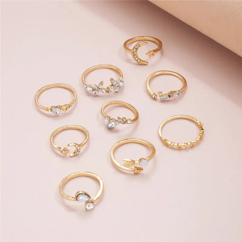 Boho Heart Ring Set CZ Star Moon Arrow Flower Jewelry