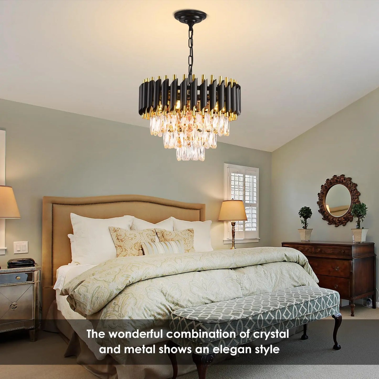 Black and Gold Crystal Chandelier Pendant Light Fixture Flush Mount Ceiling Lighting 3 Tiers Modern Crystal Chandeliers