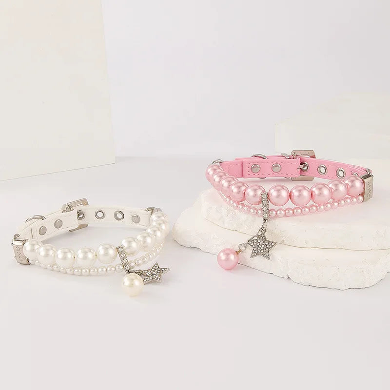 Luxury Pearl Pet Collar and Leash Set – Adjustable Necklace Design with Star Charm for Small Dogs and Cats