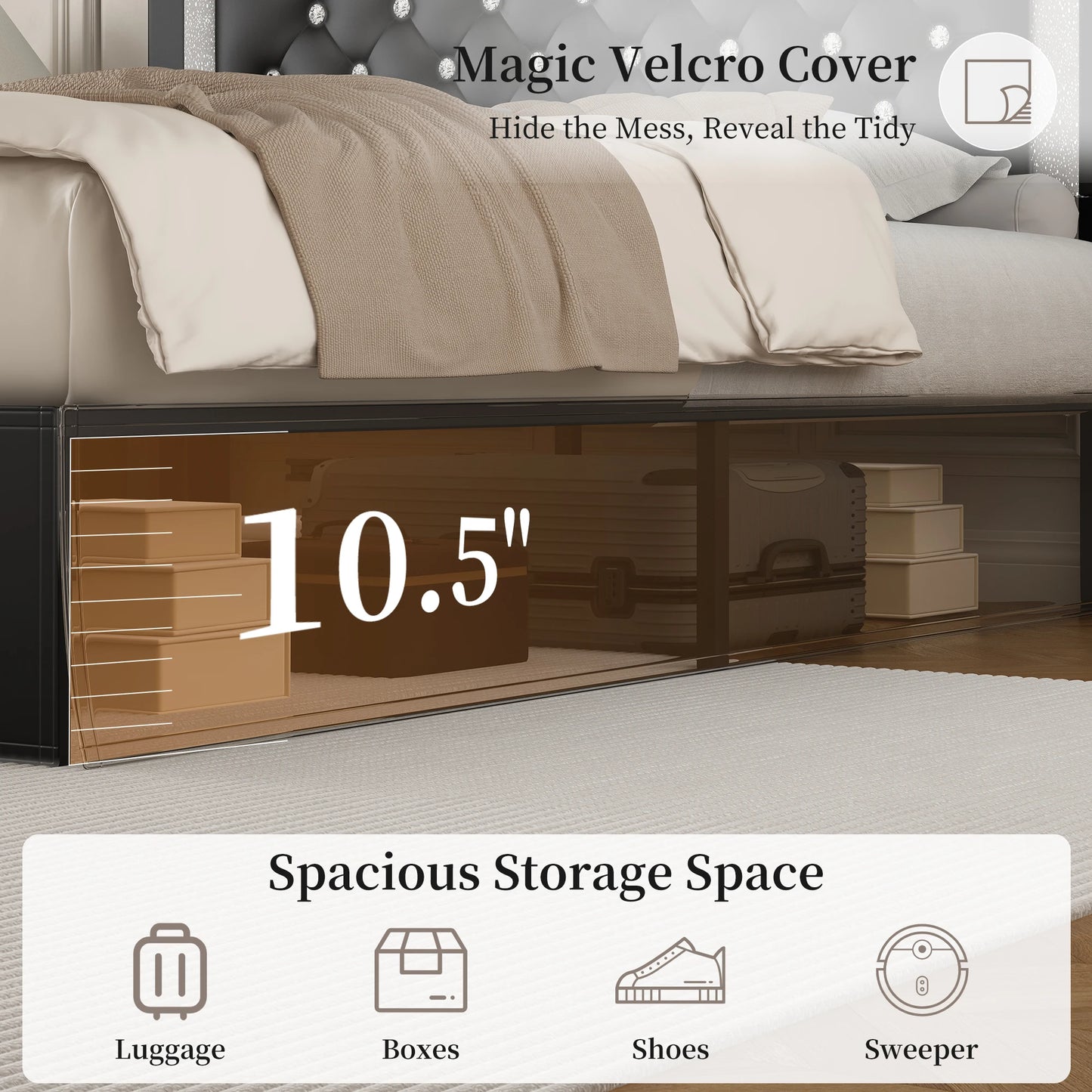 SIBEDS Bed Frame With LED Lights And Adjustable Headboard Tufted Linen Upholstery And Strong Wood Slats