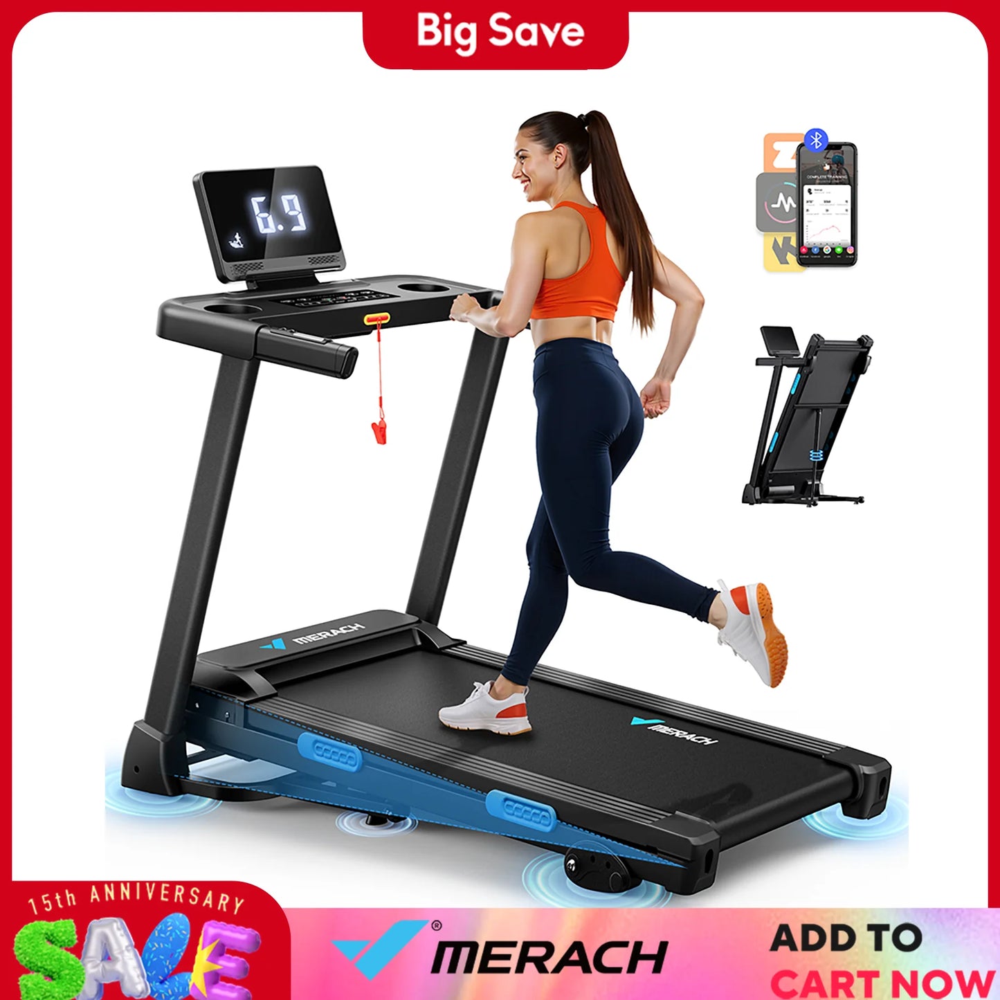 MERACH Foldable Treadmill T12 Incline Quiet Bluetooth DoubleDeckPro HRM Monitoring
