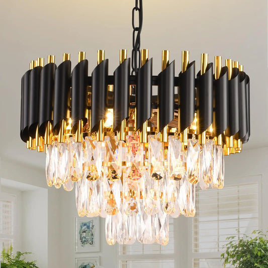 Black and Gold Crystal Chandelier Pendant Light Fixture Flush Mount Ceiling Lighting 3 Tiers Modern Crystal Chandeliers