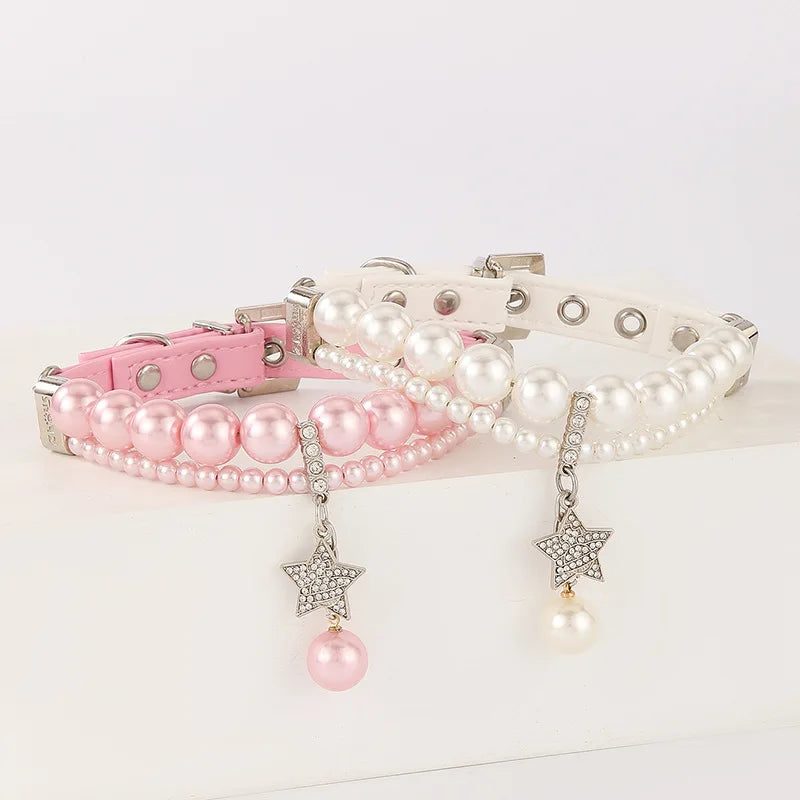 Luxury Pearl Pet Collar and Leash Set – Adjustable Necklace Design with Star Charm for Small Dogs and Cats