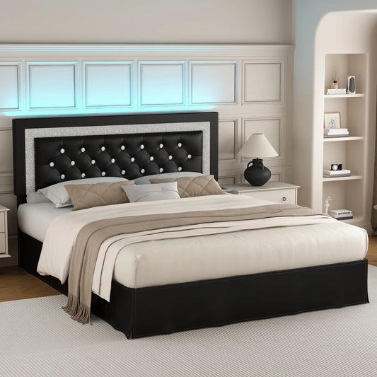 SIBEDS Bed Frame With LED Lights And Adjustable Headboard Tufted Linen Upholstery And Strong Wood Slats