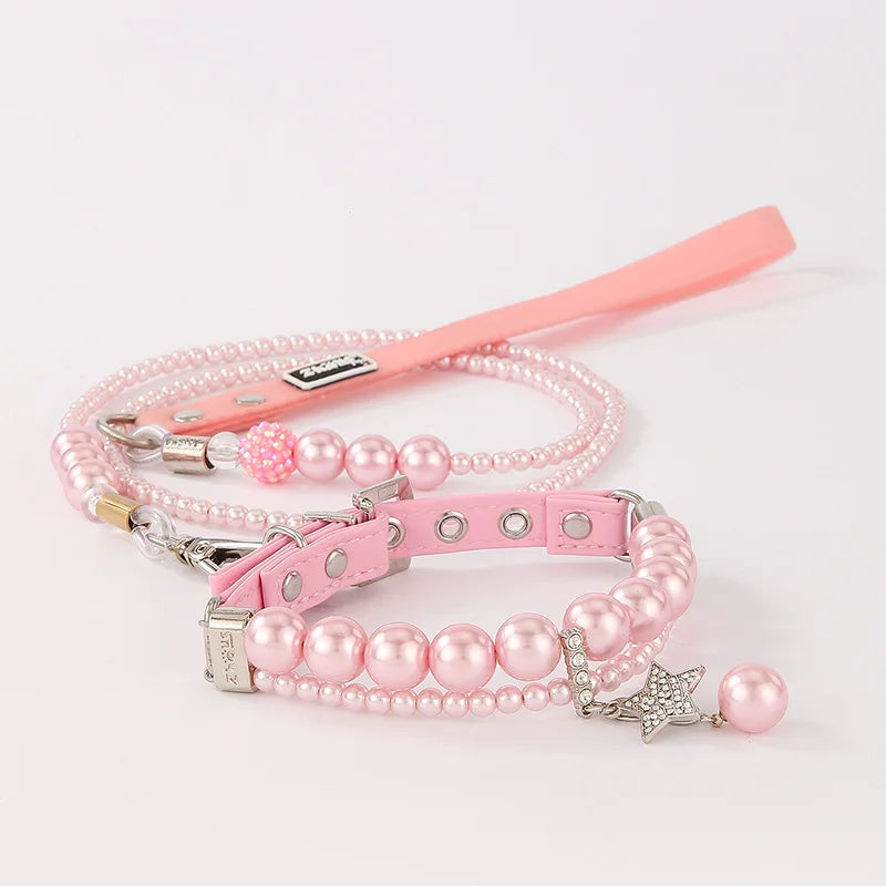 Luxury Pearl Pet Collar and Leash Set – Adjustable Necklace Design with Star Charm for Small Dogs and Cats
