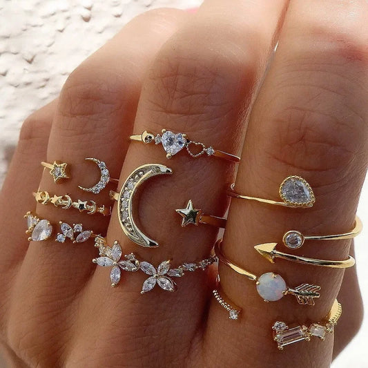 Boho Heart Ring Set CZ Star Moon Arrow Flower Jewelry