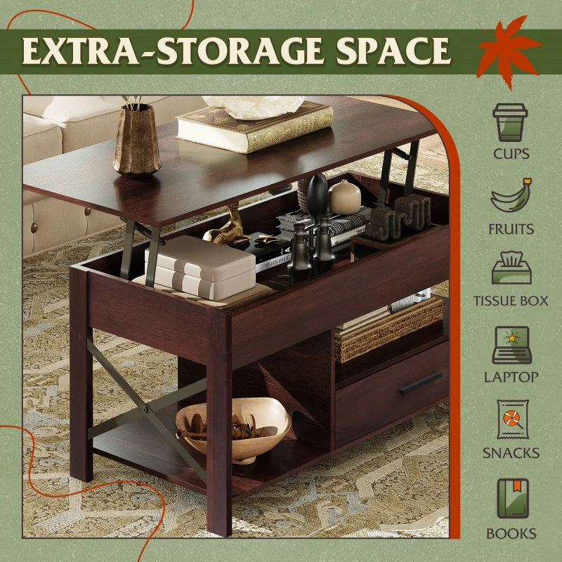 GALAXHERO Lift Top Coffee Table With Hidden Compartment And Storage Shelf For Living Room With Hidden Drawers