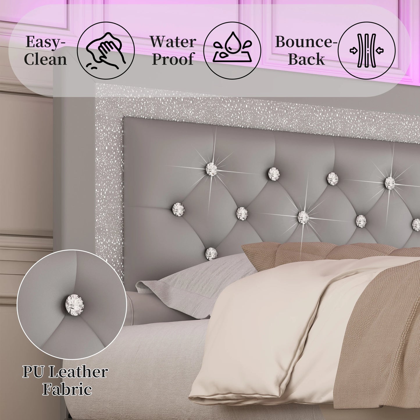 SIBEDS Bed Frame With LED Lights And Adjustable Headboard Tufted Linen Upholstery And Strong Wood Slats