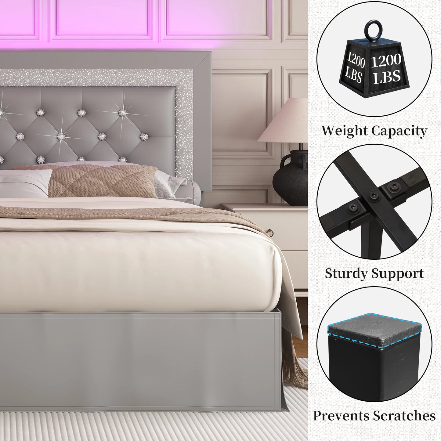 SIBEDS Bed Frame With LED Lights And Adjustable Headboard Tufted Linen Upholstery And Strong Wood Slats