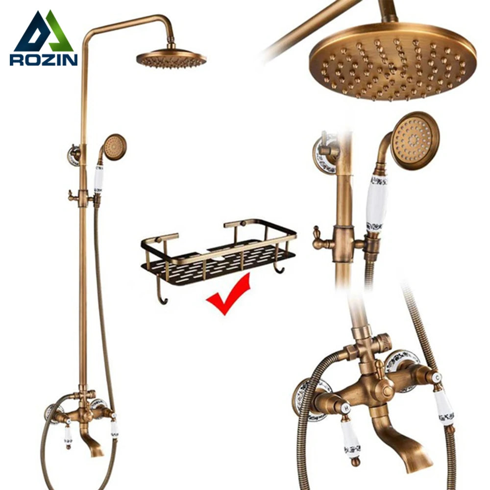 Rozin Antique Brass Shower Faucet Set Dual Handle With Shelf