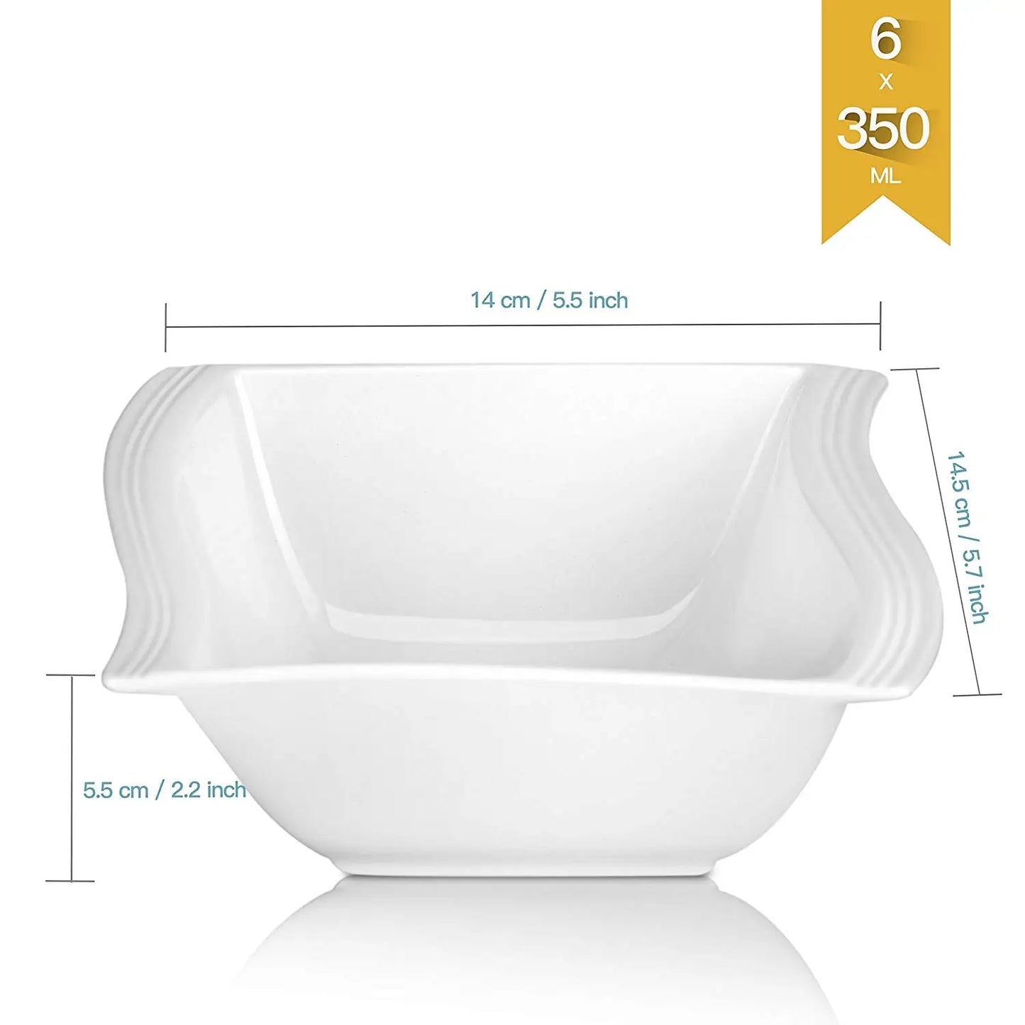 MALACASA 6-pieces FLORA White Porcelain Square Soup Cereal Oatmeal Bowls Dinner Breakfast Household Dinnerware Bowl Sets