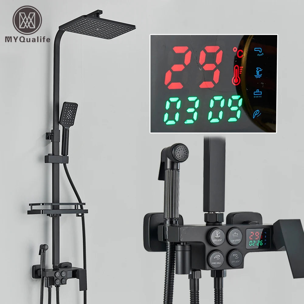 MYQualife Thermostatic LCD Shower Faucet Set With Digital TemperatureReadout Rainfall