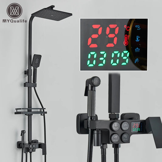 MYQualife Thermostatic LCD Shower Faucet Set With Digital TemperatureReadout Rainfall