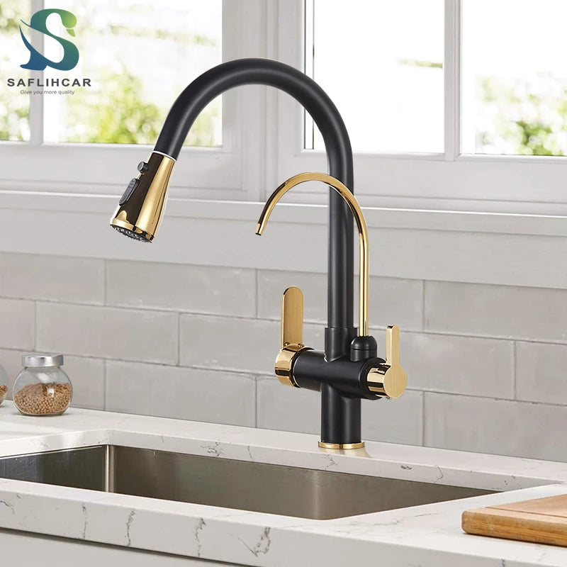 SAFLIHCAR Pull Out Dual Water Modes Kitchen Faucet With Cold And Hot Water Purification Deck Mounted Brass