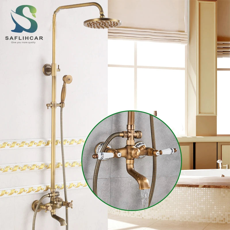 SAFLIHCAR Brushed Antique Brass SpaQuality ShowerFaucetSystem WallMounted DualHandles PremiumGrade LifetimeWarranty