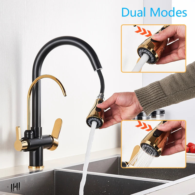 SAFLIHCAR Pull Out Dual Water Modes Kitchen Faucet With Cold And Hot Water Purification Deck Mounted Brass