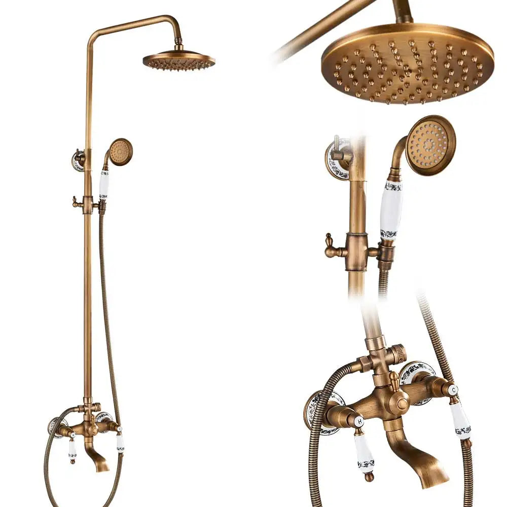 Rozin Antique Brass Shower Faucet Set Dual Handle With Shelf