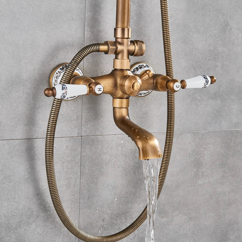 Rozin Antique Brass Shower Faucet Set Dual Handle With Shelf