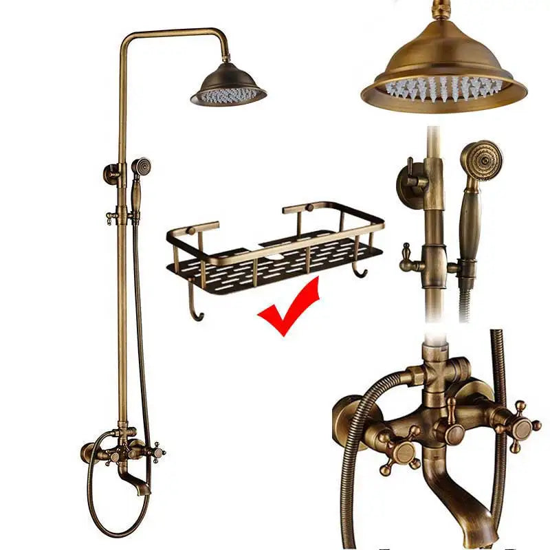 Rozin Antique Brass Shower Faucet Set Dual Handle With Shelf