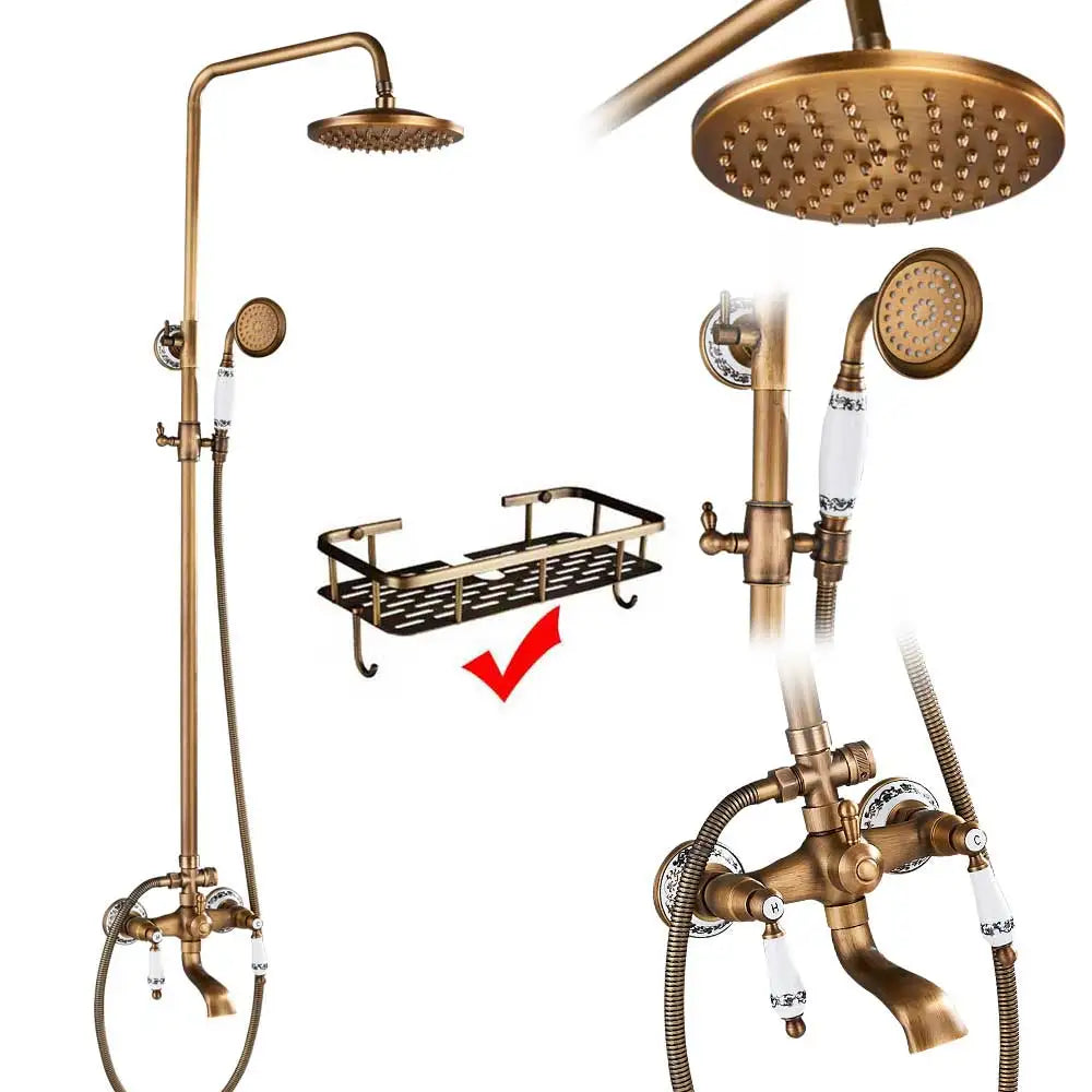 Rozin Antique Brass Shower Faucet Set Dual Handle With Shelf