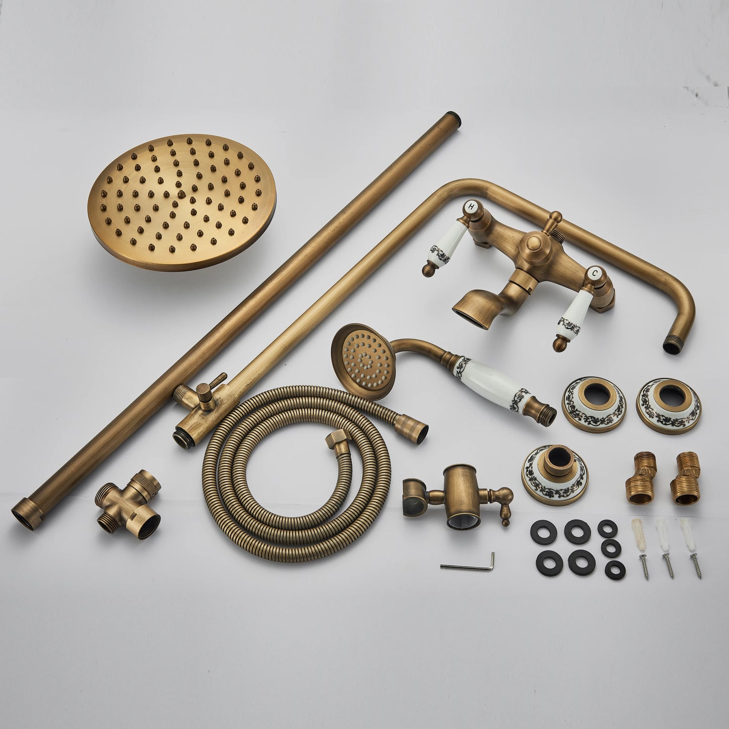 Rozin Antique Brass Shower Faucet Set Dual Handle With Shelf