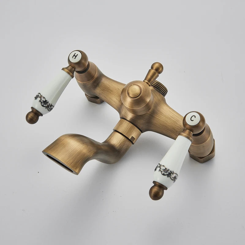 Rozin Antique Brass Shower Faucet Set Dual Handle With Shelf